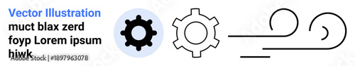 Gear icon alongside a wind motion graphic and space for text. Ideal for innovation, energy, mechanics, motion, engineering, efficiency, simple landing page