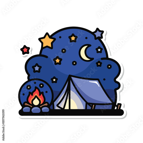 A serene nighttime campsite scene with tent and campfire