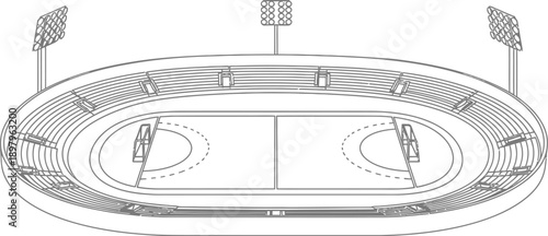 Detailed black and white outline drawing of a large oval sports stadium featuring tiered seating and tall floodlights ready for an event