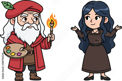 Famous artist character with paint palette and torch beside woman, art education concept, historical cartoon vector illustration isolated