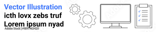 Business planning, project management, workflow, productivity tools, work organization, administration. Icons a monitor, checklist and gears. Business planning and productivity tools concept