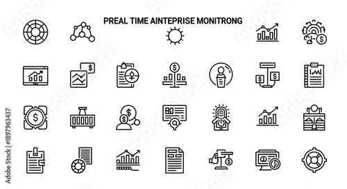 Business Analytics Icons: Real-Time Enterprise Monitoring, Growth Charts, Finance, Data Analysis