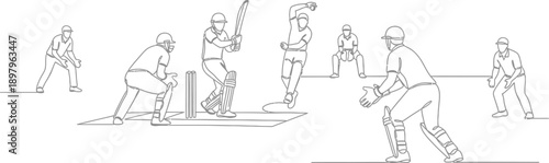Minimalist continuous line drawing depicts the intense action of a cricket match moment showing the bowler delivering the ball to the batsman preparing to strike.