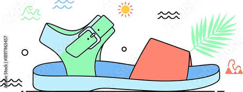 Colorful graphic illustration of a chic summer sandal, adorned with cheerful beach and holiday elements, perfect for vibrant seasonal designs and playful vacation-themed promotions