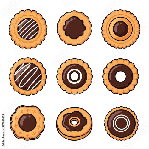 A set of nine cookies with various chocolate toppings
