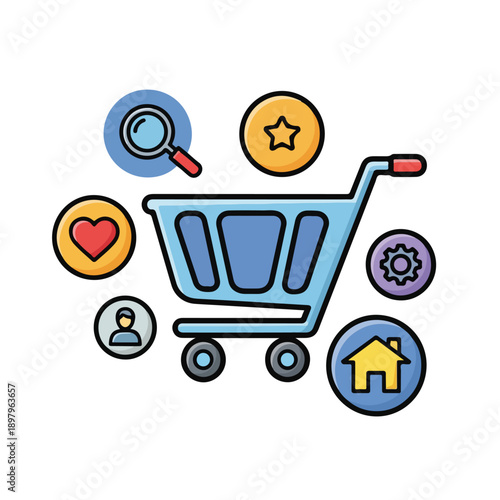 A shopping cart surrounded by icons representing search, rating, settings, profile, favorites, and home