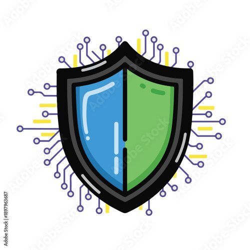 A shield with blue and green halves surrounded by circuit-like lines