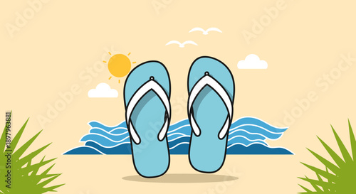 Warm summer beach scene with a pair of light blue flip-flops resting on golden sand, framed by ocean waves and a bright sun in a relaxing tropical vacation illustration
