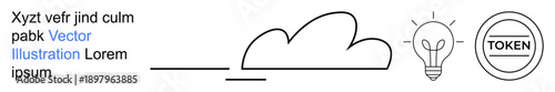 Cloud computing, innovation, cybersecurity, digital access, online storage, and branding. Minimalist cloud, light bulb and token design in a clean line style. Cloud computing and innovation concept