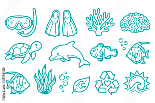 Ocean and marine life doodle icon set with snorkeling gear and sea animals vector