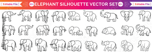 set of elephant silhouettes. Elephant shadow hand drawn. Flat vector illustration.