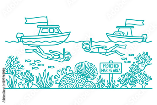 Protected marine area scene with boats and snorkelers underwater line art illustration
