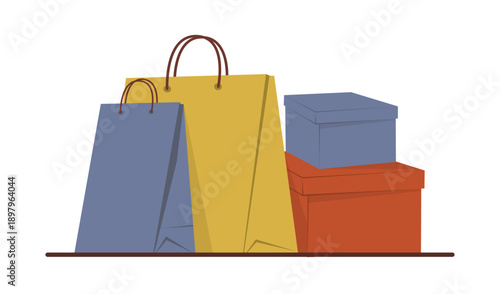 Vector illustration of shopping bags and boxes in multiple colors, highlighting retail and packaging concepts. Perfect for e-commerce, marketing, and promotional designs.