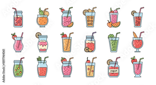 Colorful smoothie and juice illustrations in various glass and jar containers with decorative fruit