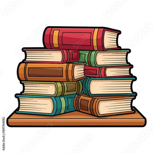A stack of colorful books on a wooden base