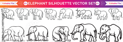 set of elephant silhouettes. Elephant shadow hand drawn. Flat vector illustration.