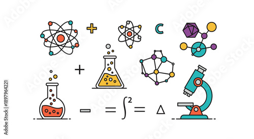 Illustration depicting scientific concepts, equations, and elements related to research
