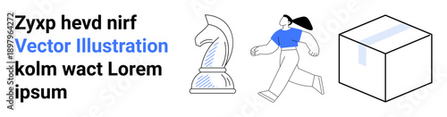 Strategy, logistics, decision-making, movement, storage, conceptual art. Chess knight, person walking and box of planning and organization. Strategy and logistics idea
