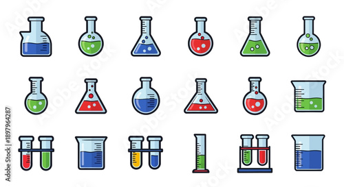 Illustration of various laboratory glassware for scientific research or medical testing