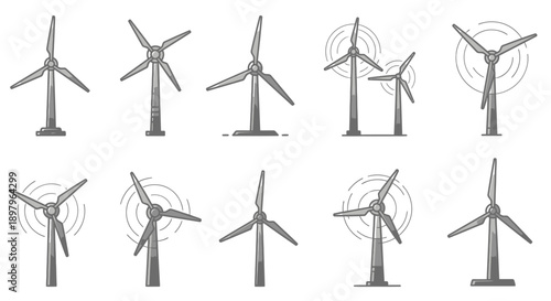 Illustration of Wind Turbines in Various Styles on a White Background for Energy Concepts