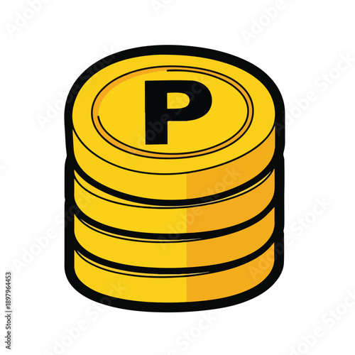 A stack of gold coins with a black outlined letter