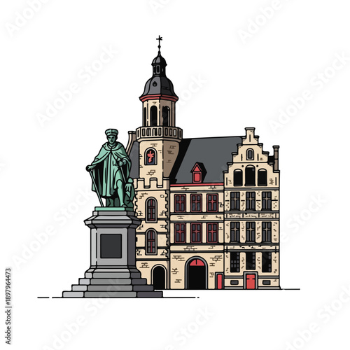 A statue stands beside an old European-style building
