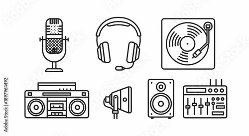 Vintage Microphone, Headphones, and Boombox Illustration