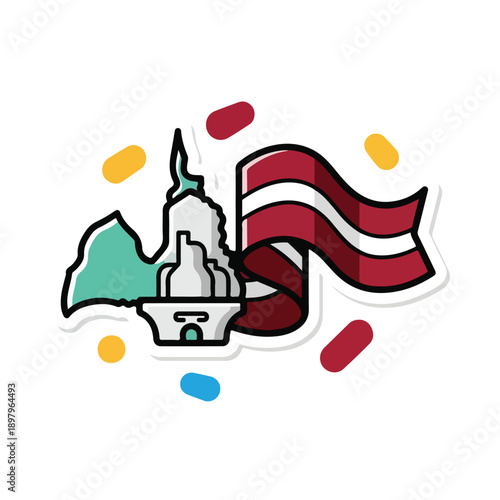 A sticker of a building and flag