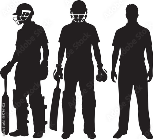 Black and White Vector Illustration Set of Cricket Players in Action