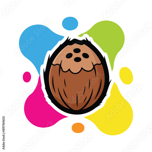 A stylized brown nut with colorful splotches