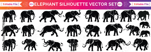 Elephant Vector Silhouette, vector illustration of a set of elephant silhouette, perfect for logos, branding, social media, website designs, educational materials and presentations.