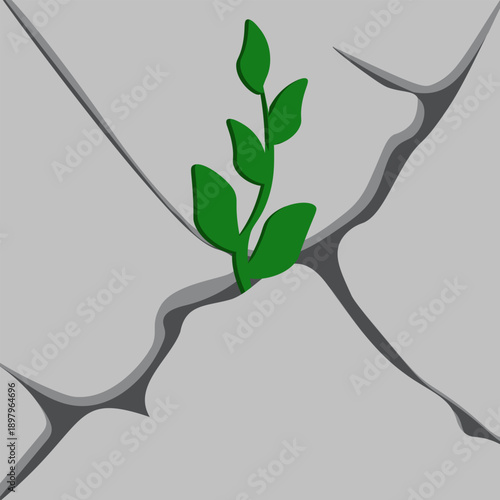 Vector illustration of strong branch in the asphalt crack. Symbol of strong life