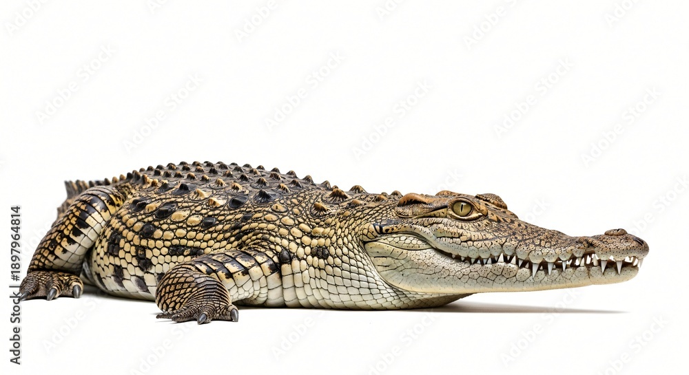 Fototapeta premium High-resolution crocodile isolated on a solid white background, clean cutout for websites, presentations, advertising, education, and digital design.
