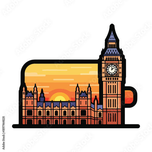 A stylized illustration of a mug with a London cityscape