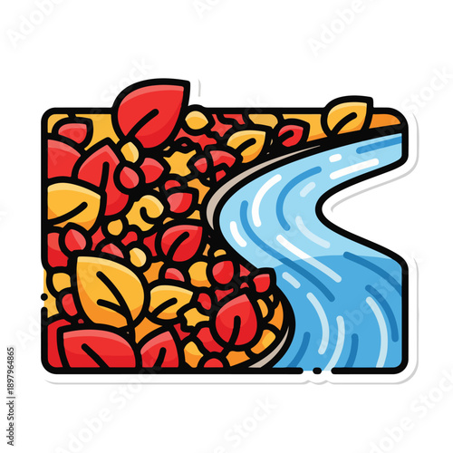 A stylized illustration of a stream flowing through autumn leaves