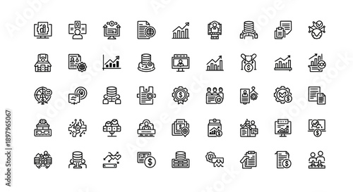 Business Icons Set: Data Analysis, Finance, Management, Strategy, Teamwork