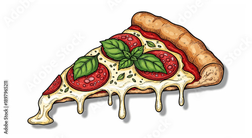 Delicious slice of melted cheese pizza with fresh basil leaves and tomatoes on a white background perfect for food and culinary concepts