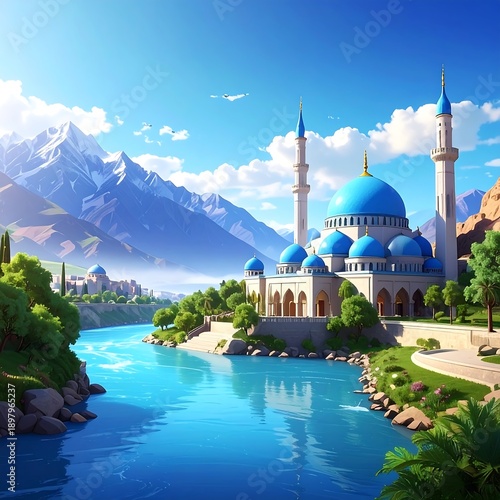 A serene landscape of a blue-domed mosque by a river