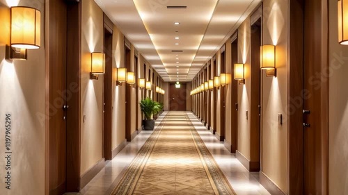 Luxurious hotel corridor with warm lighting and symmetrical doors