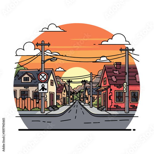A suburban street scene at sunset with houses and clouds