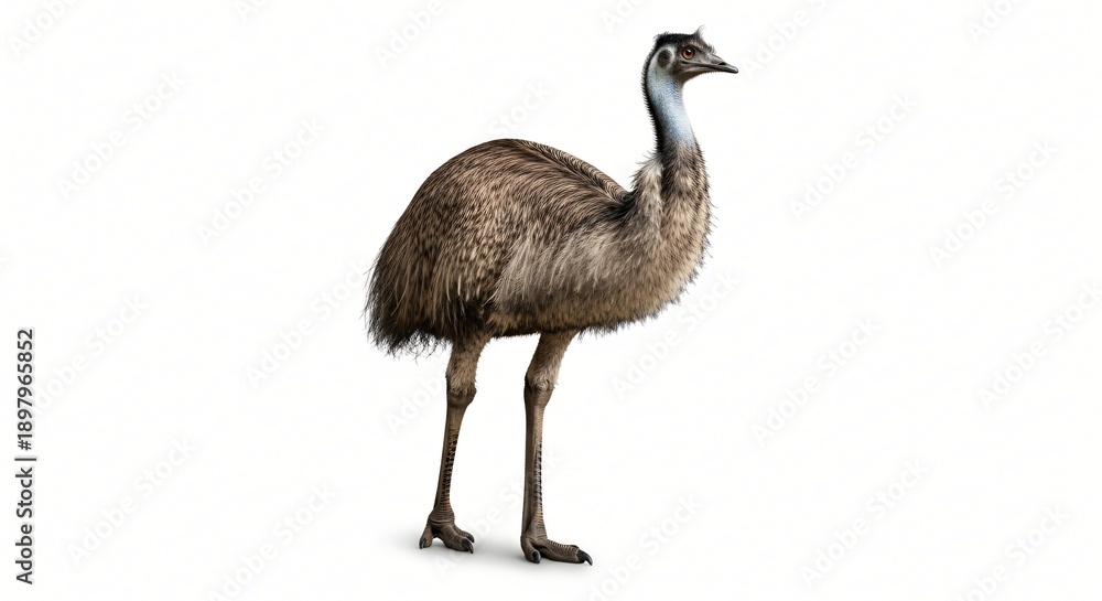 Obraz premium Photorealistic emu isolated on solid white background, clean cutout perfect for mockups, websites, presentations, branding, and graphic assets.