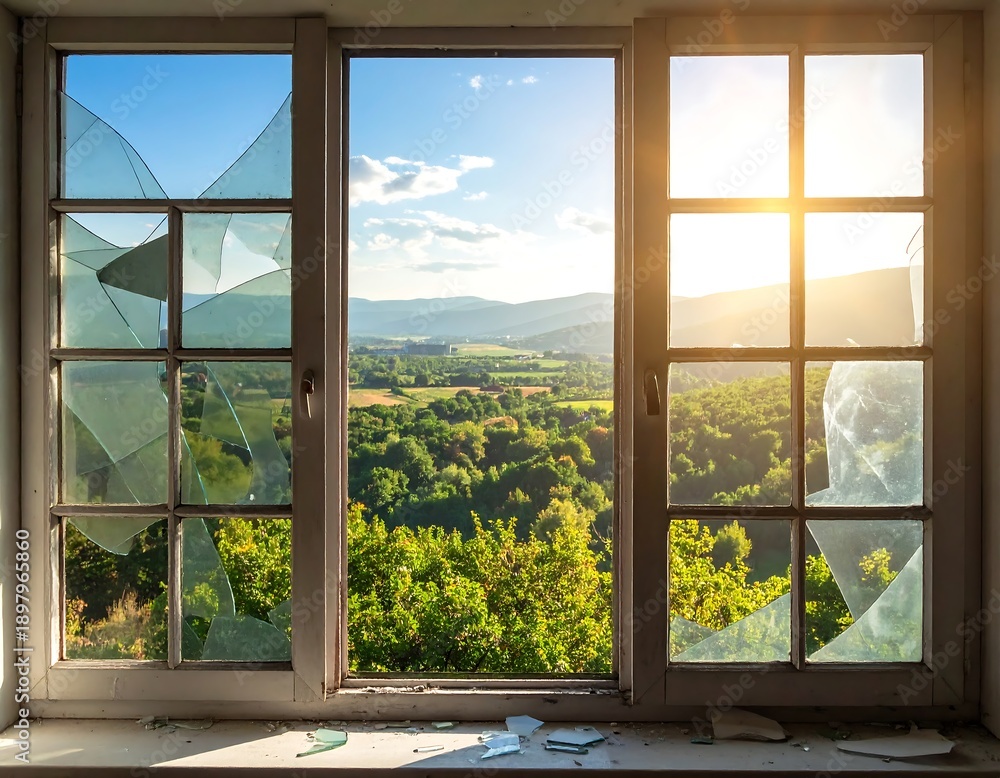 Fototapeta premium A serene landscape viewed through a broken window