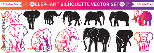 Elephant silhouette collection in black on white background, various wild African animals and baby elephants for wildlife nature design projects.