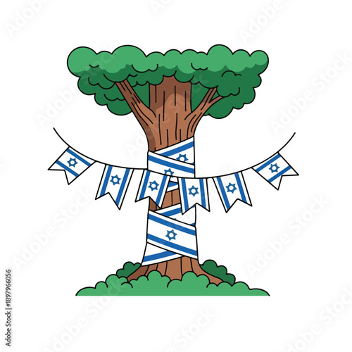 A tree wrapped with Israeli flags on a white background