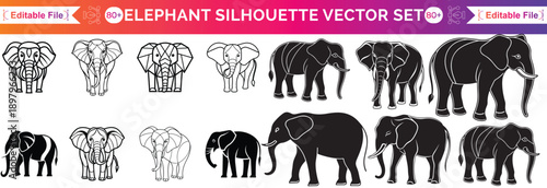 Elephant silhouette collection in black on white background, various wild African animals and baby elephants for wildlife nature design projects.