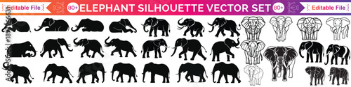Elephant silhouette collection in black on white background, various wild African animals and baby elephants for wildlife nature design projects.