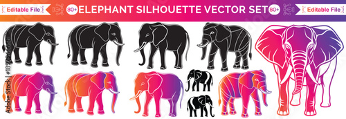 Elephant silhouette collection in black on white background, various wild African animals and baby elephants for wildlife nature design projects.