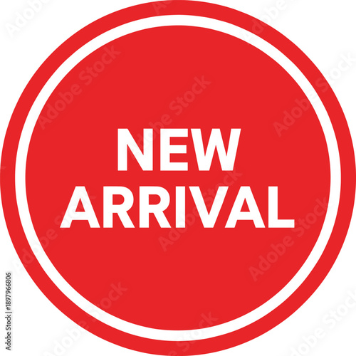 New arrival red circular badge vector illustration with bold typography for product launch announcements, marketing promotions, and retail branding