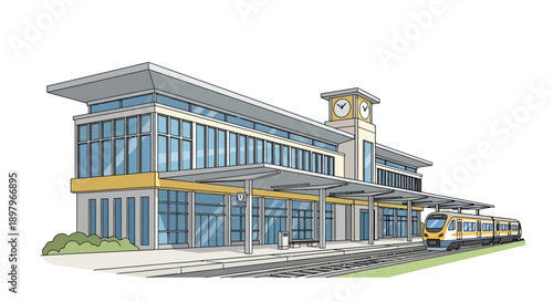 This educational institution illustration depicts a large school building designed with modern architectural structure and welcoming academic appearance. The artwork symbolizes learning, knowledge, st