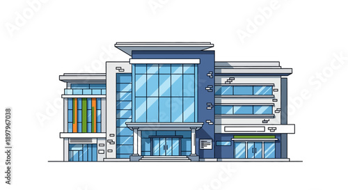 This modern commercial building illustration features a clean architectural design with large glass windows, structured geometry, and contemporary urban styling. The artwork represents corporate infra